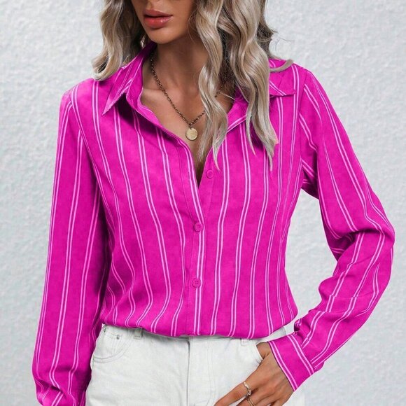 Hot Pink Casual Women's Striped Long Sleeve Shirt - Picture 4 of 6